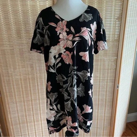 NWT Nicole Miller Women Short Sleeve Linen Blend Dress Black Size XL $50 P145 - Picture 1 of 2